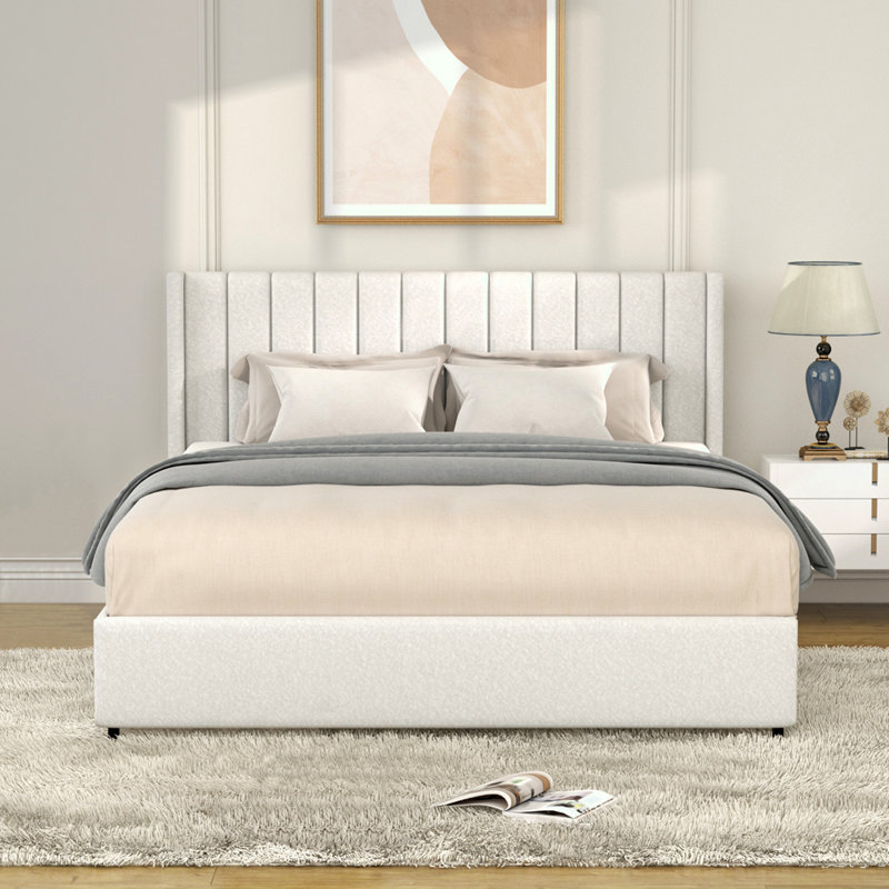 Queen Size Ivory Boucle Upholstered Platform Bed Latitude Run